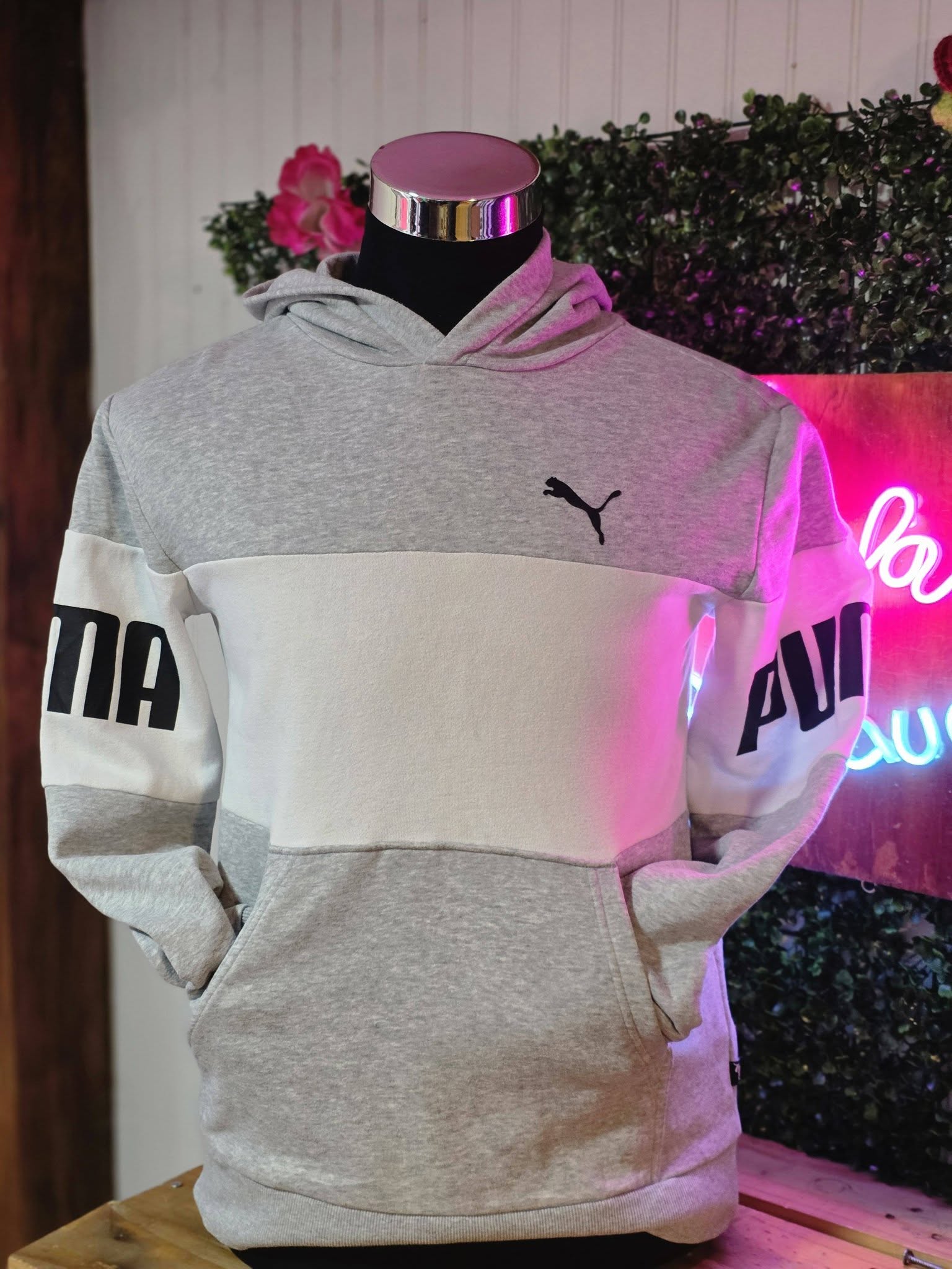 Polerón con Capucha Puma "Color-Block" – Gris y Blanco (Talla S)
